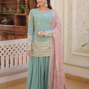 Elegant Green and Pink Embroidered Suit